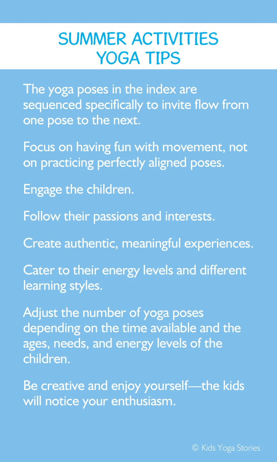 First yoga tips page explains pose sequencing, playful movement, and adapting practice to children's needs