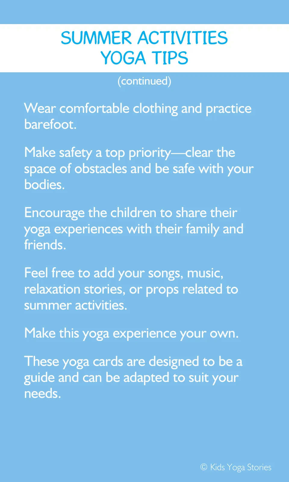 Continued yoga tips cover clothing, clear practice space, sharing experiences, and adding music or props