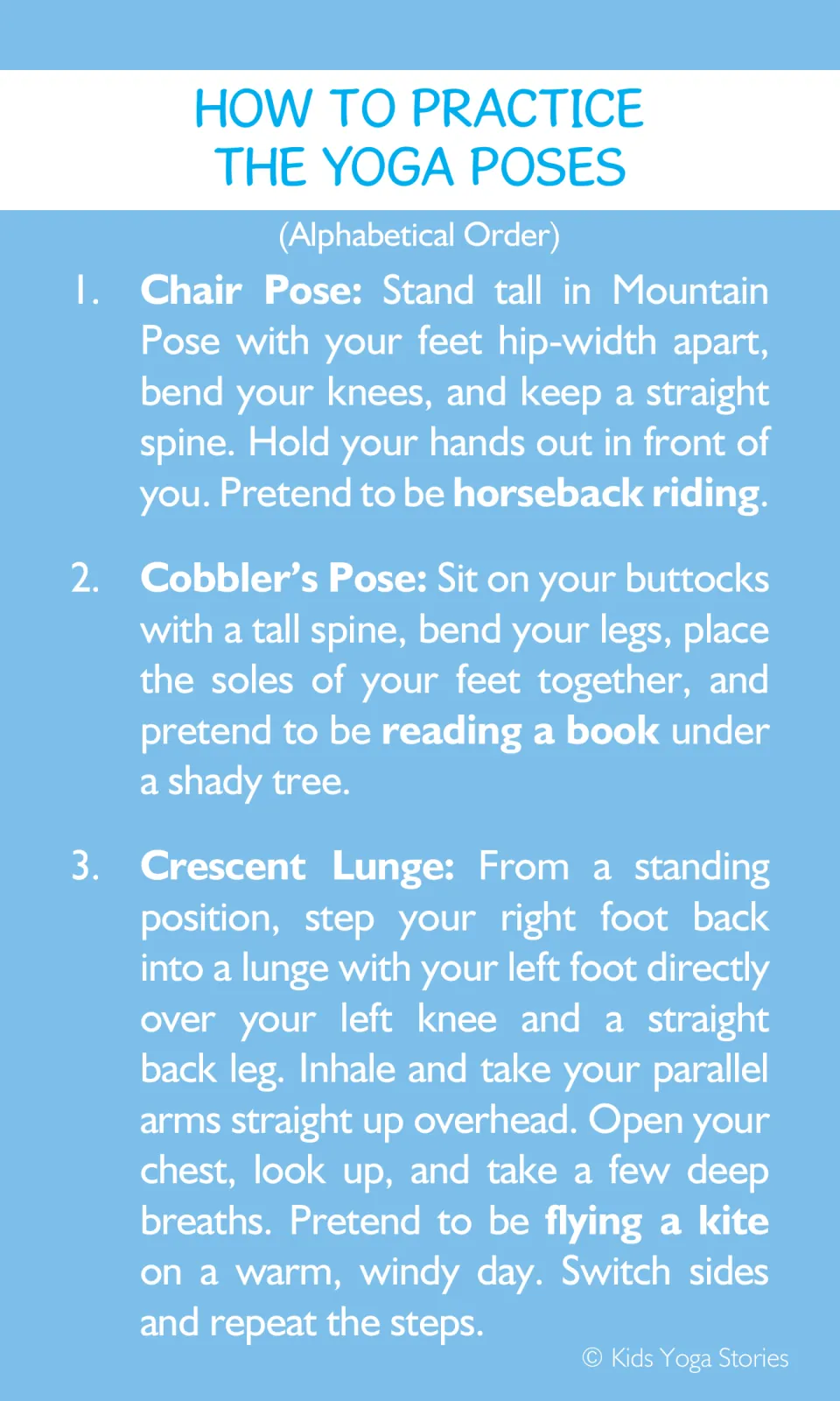 Yoga instructions 1–3: Chair Pose for horseback riding, Cobbler's Pose for reading, and Crescent Lunge for kite flying