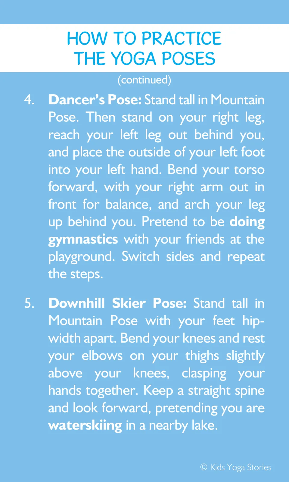 Yoga instructions 4–5: Dancer's Pose paired with doing gymnastics and Downhill Skier Pose paired with waterskiing