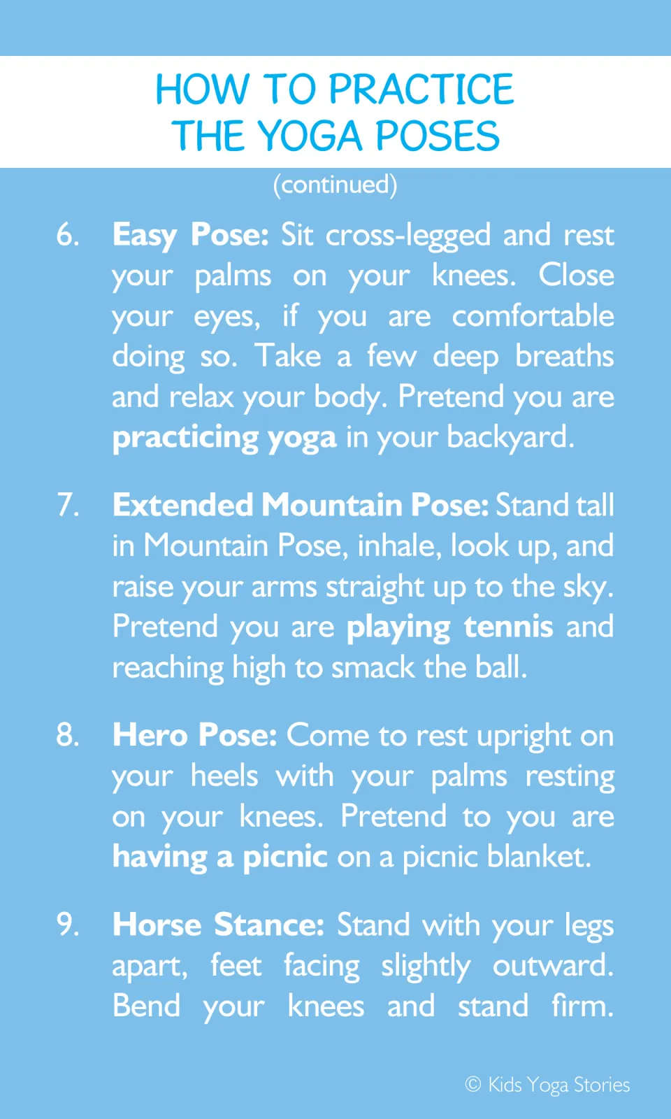 Yoga instructions 6–9 cover Easy Pose, Extended Mountain Pose, Hero Pose, and the beginning of Horse Stance