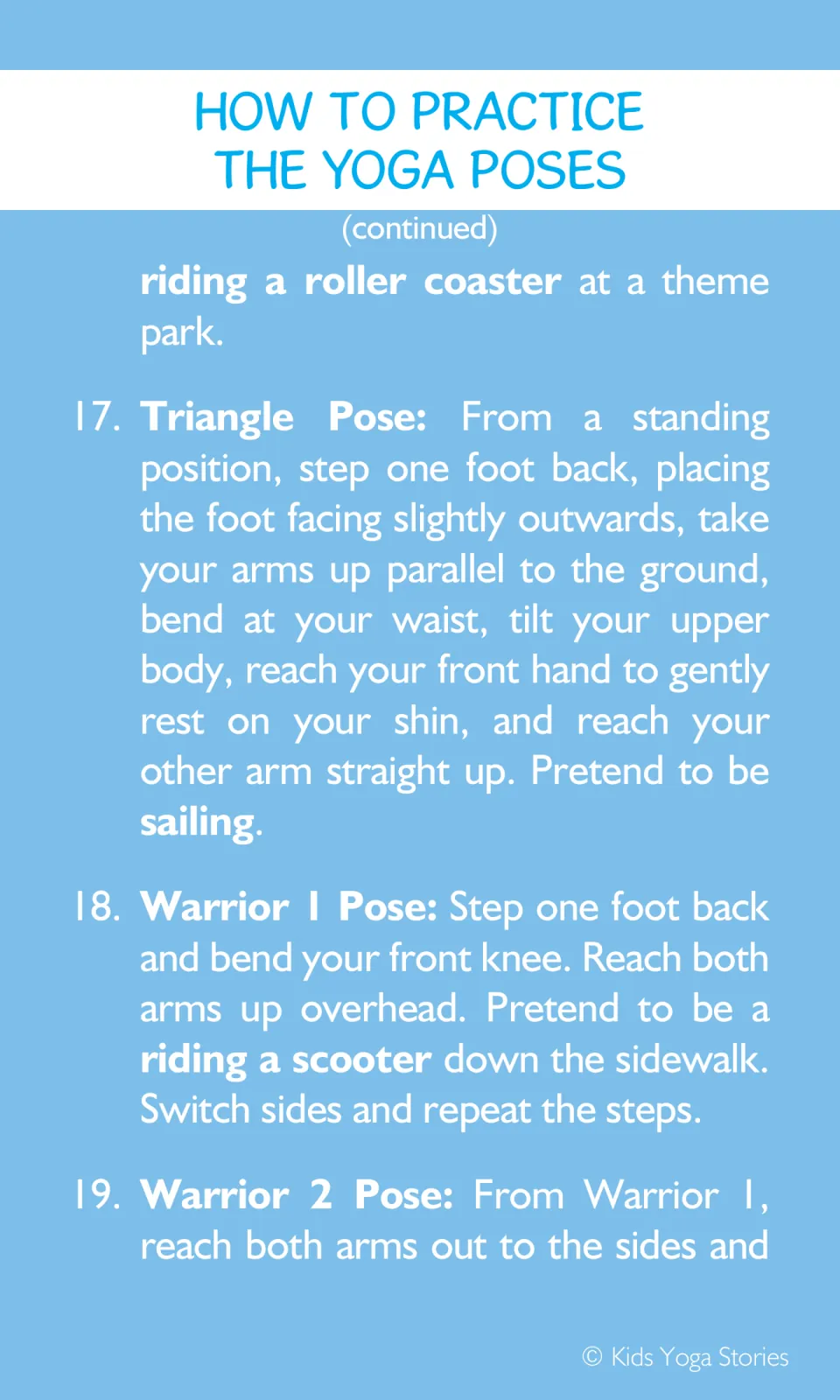 Yoga guide finishes Staff Pose, explains Triangle for sailing and Warrior 1 for scootering, and starts Warrior 2