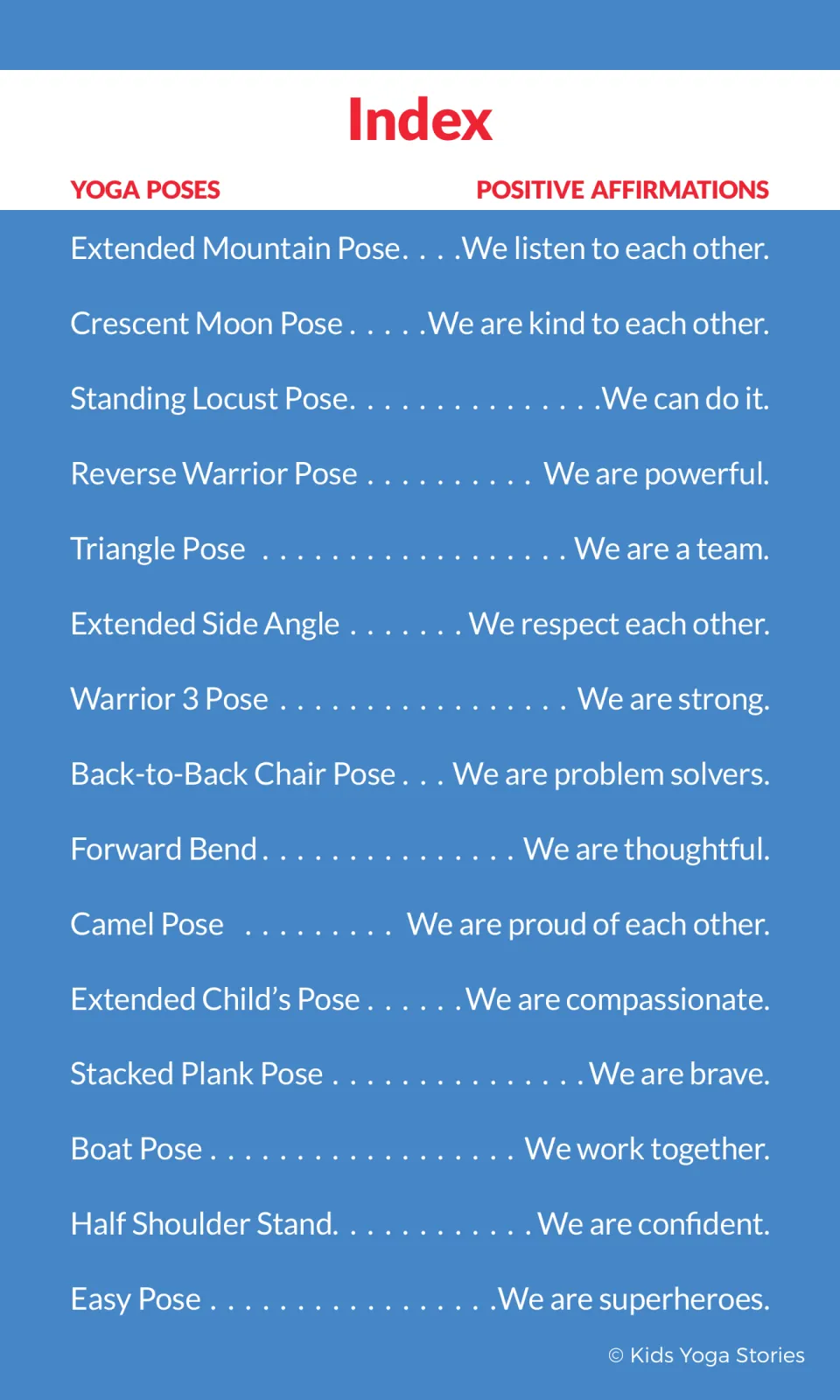 Partner yoga index pairing 15 poses with affirmations, from Extended Mountain Pose through Easy Pose
