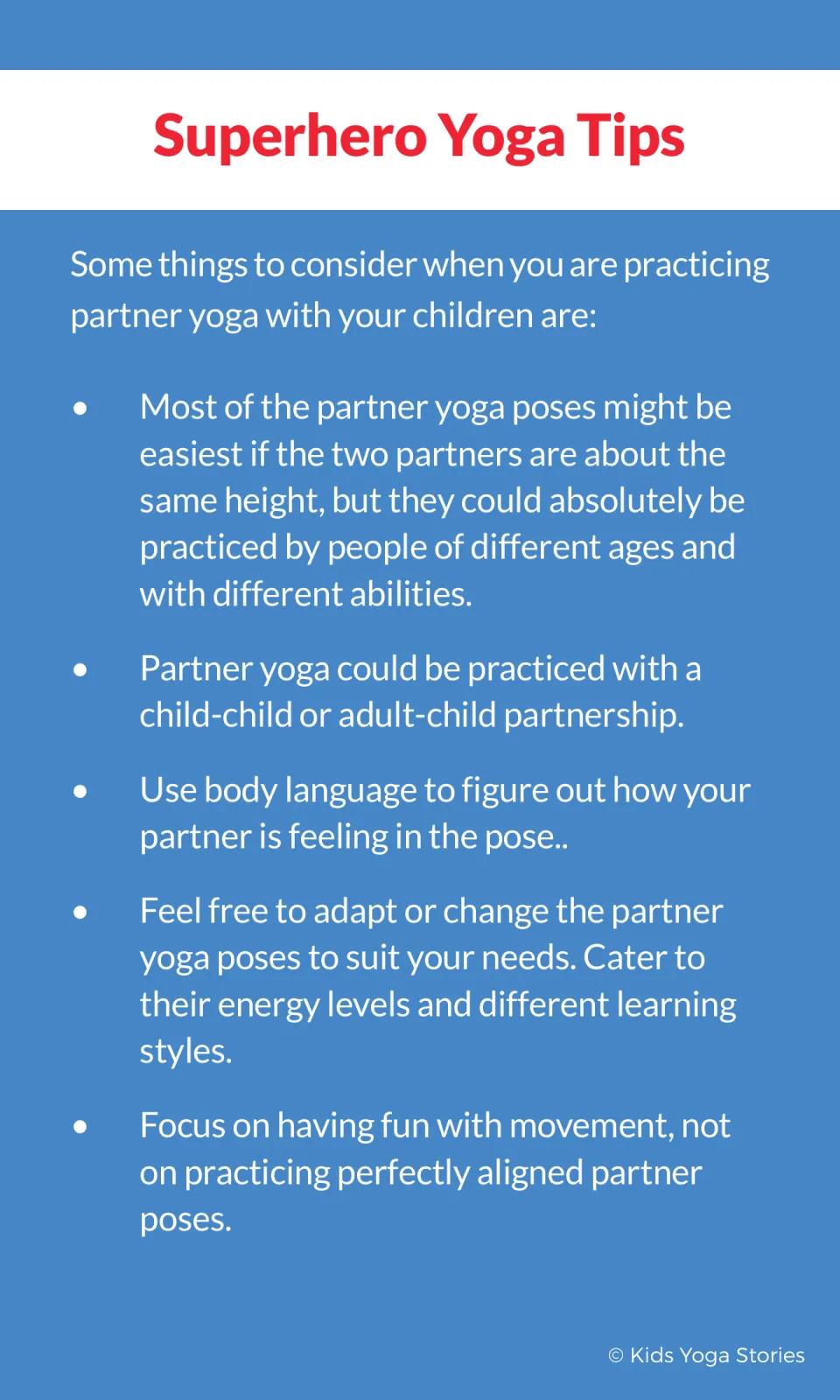 Partner yoga tips on pairing children or adults, reading body language, adapting poses, and enjoying movement