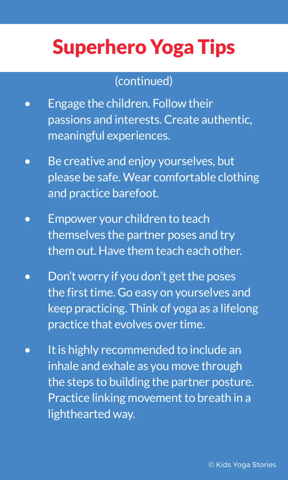 Partner yoga tips on children's interests, safe clothing, teaching each other, practice, and breathing