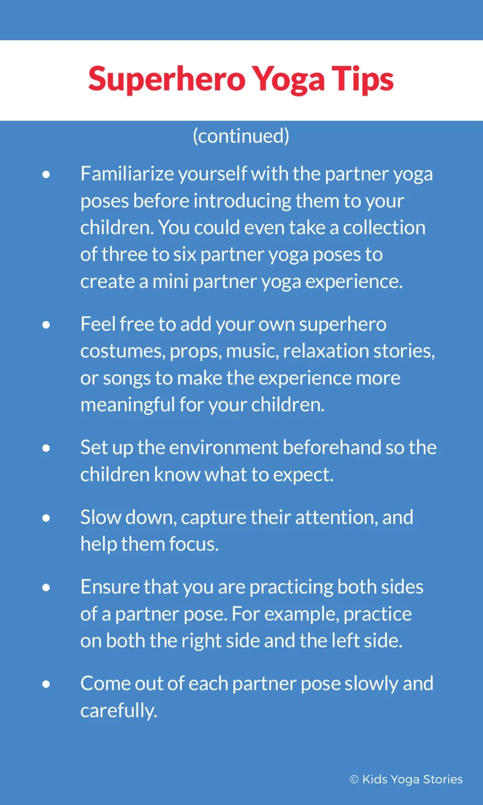 Partner yoga tips on choosing three to six poses, adding props, preparing space, and practicing both sides