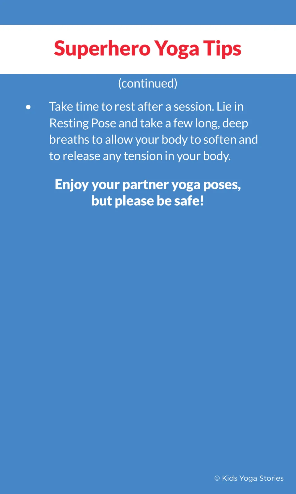 Final partner yoga tips card recommends Resting Pose and deep breaths after a session, plus safe practice