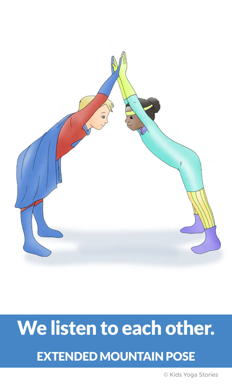 Extended Mountain Pose illustration card shows partners pressing palms with 'We listen to each other.'