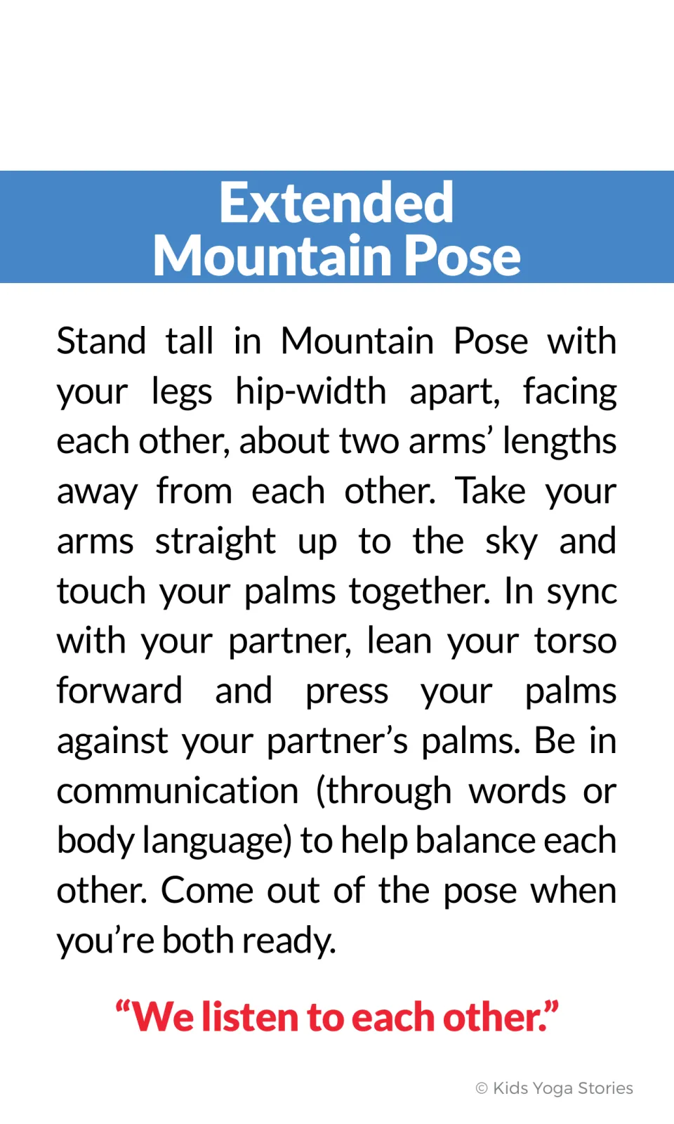 Extended Mountain Pose instruction card explains facing a partner, leaning forward, and pressing palms