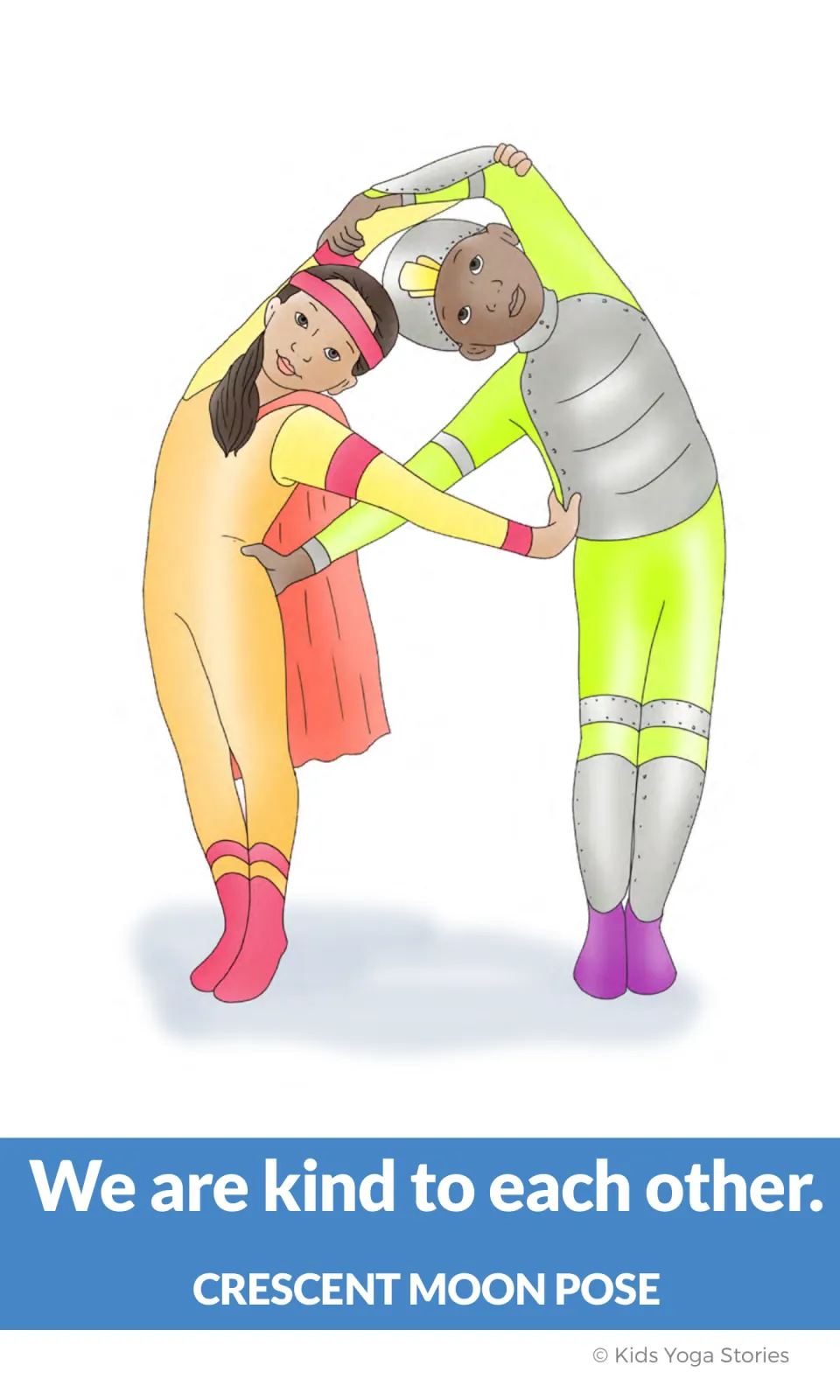 Crescent Moon Pose illustration card shows partners bending inward with 'We are kind to each other.'