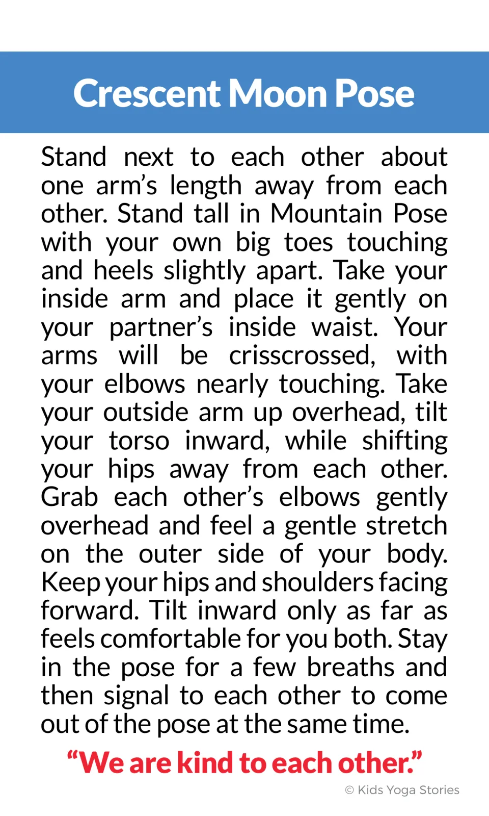 Crescent Moon Pose instruction card explains standing side by side, holding waists, and tilting inward