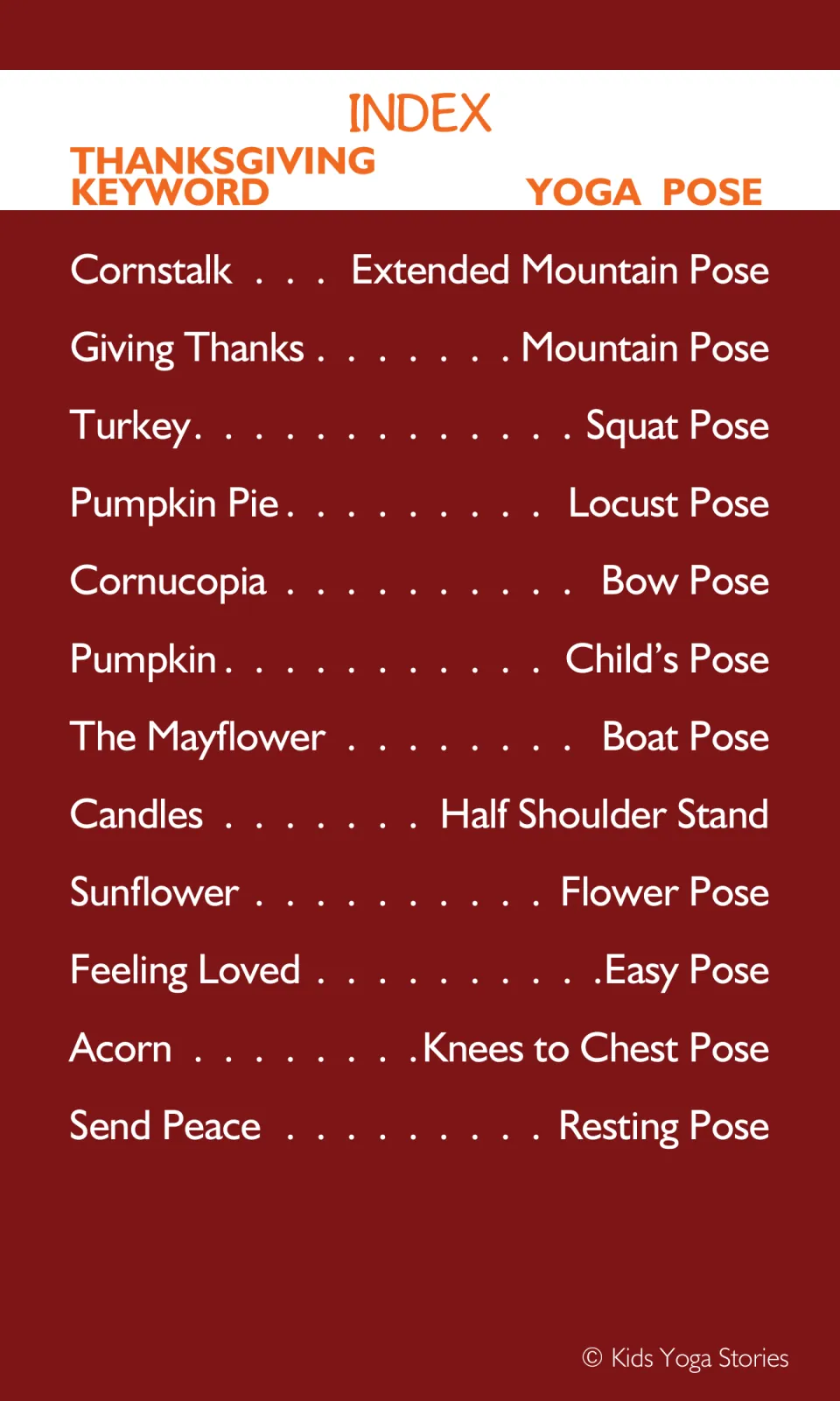 Yoga card index pairing 12 Thanksgiving themes with poses, from Cornstalk to Send Peace in sequence