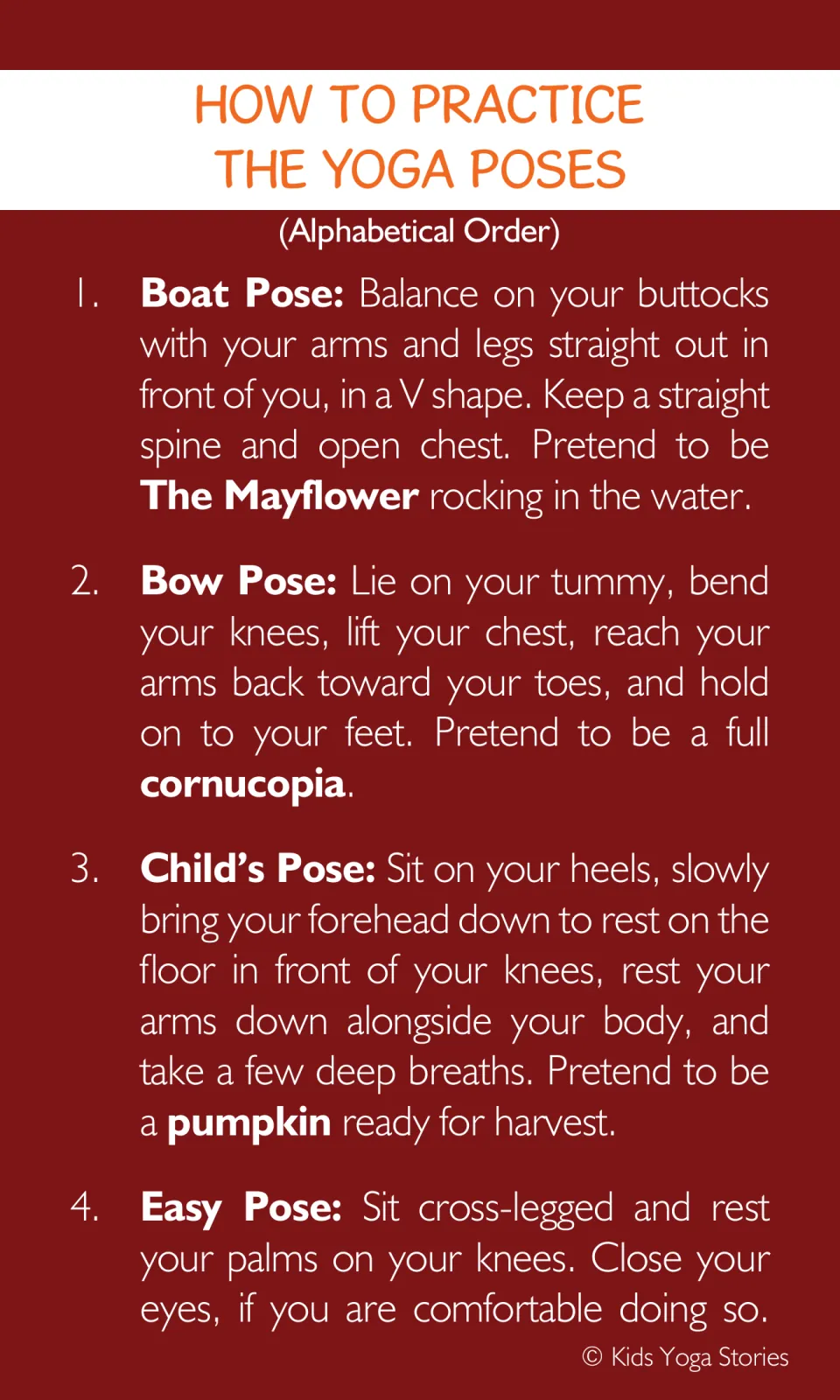 Yoga pose instructions 1–4 introduce Boat as the Mayflower, Bow as a cornucopia, Child's Pose, and Easy Pose