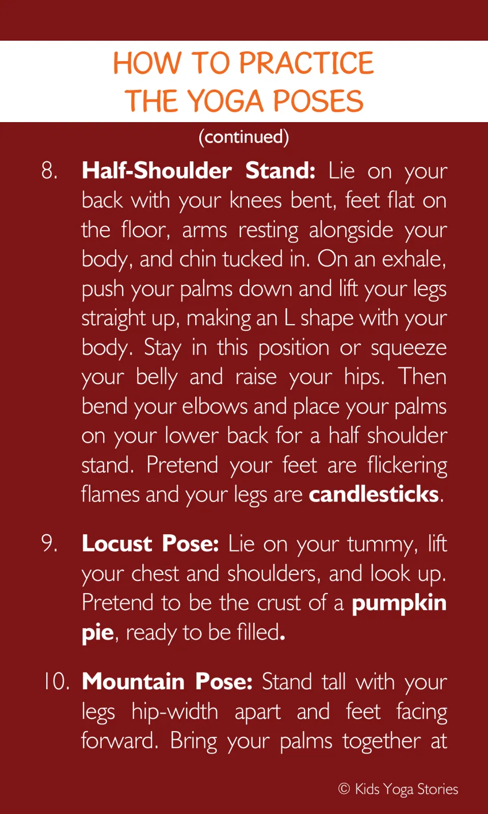 Yoga instructions 8–10 teach Half-Shoulder Stand as candles and Locust as pumpkin pie, then begin Mountain