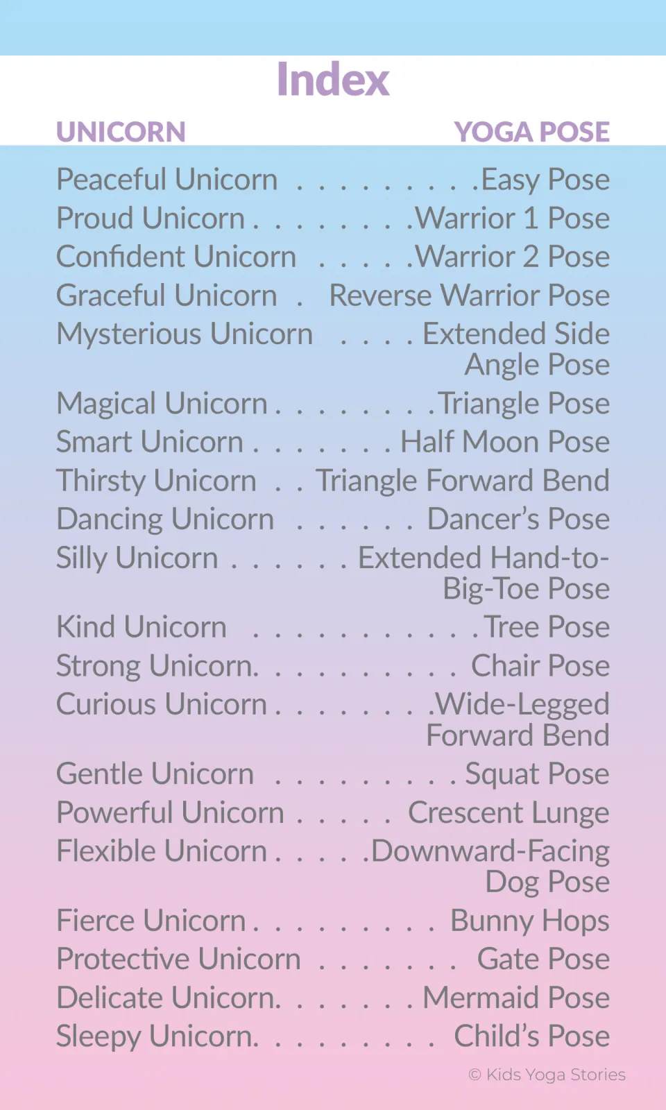 Yoga card index pairing 20 unicorn names with poses, from Peaceful Unicorn to Sleepy Unicorn in sequence