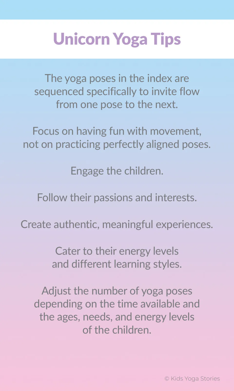 Unicorn yoga teaching tips explain pose sequence, playful movement, and adapting practice to children's needs