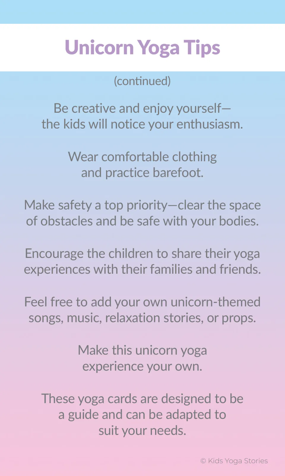 Continued unicorn yoga tips cover clothing, barefoot practice, clear space, and adding songs or props