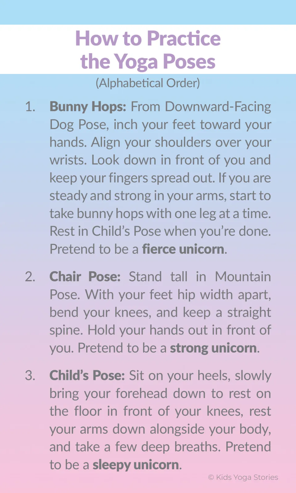 Yoga instructions 1–3 explain Bunny Hops, Chair Pose, and Child's Pose as fierce, strong, and sleepy unicorns