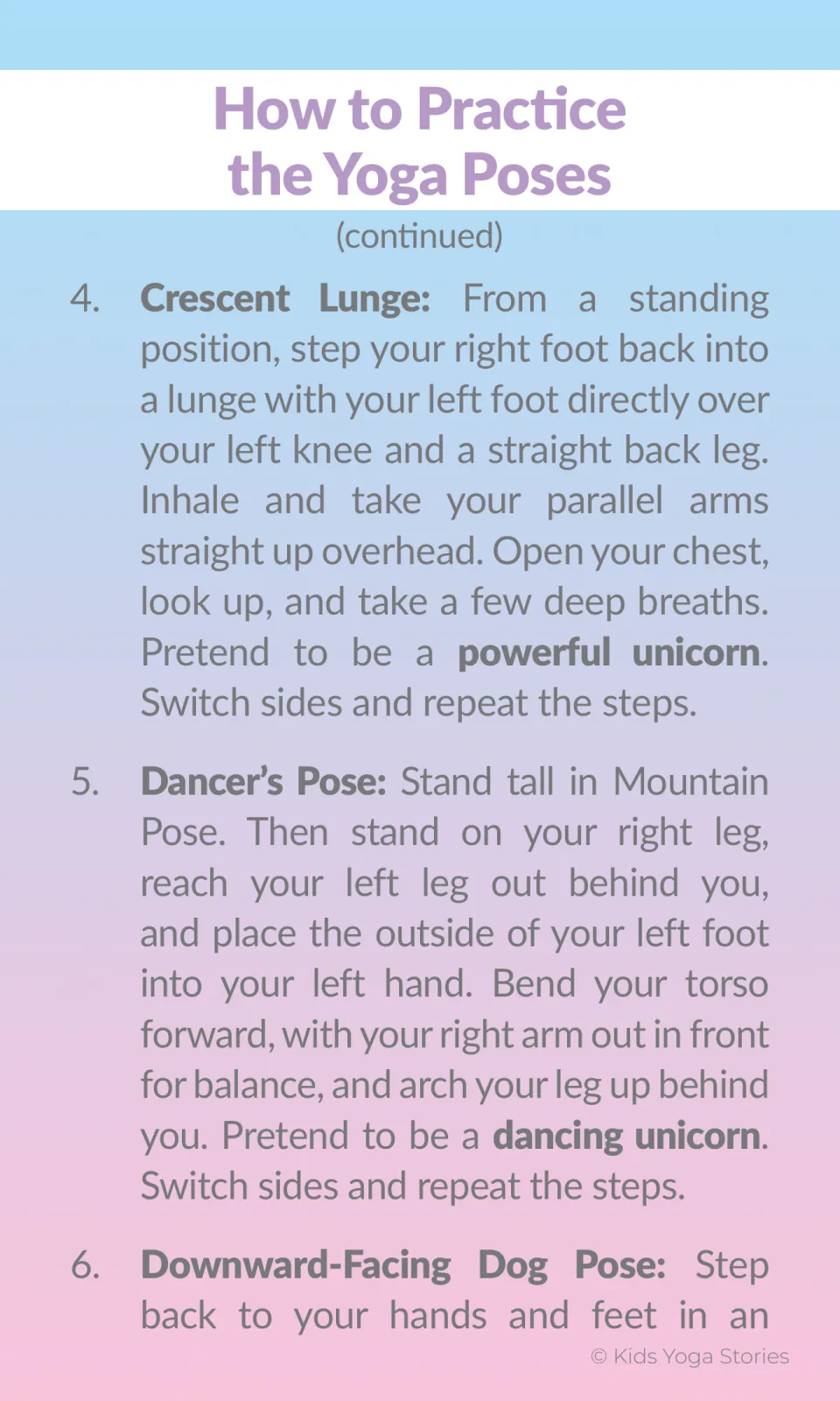 Yoga instructions 4–6 cover Crescent Lunge and Dancer's Pose, then begin the Downward-Facing Dog Pose directions