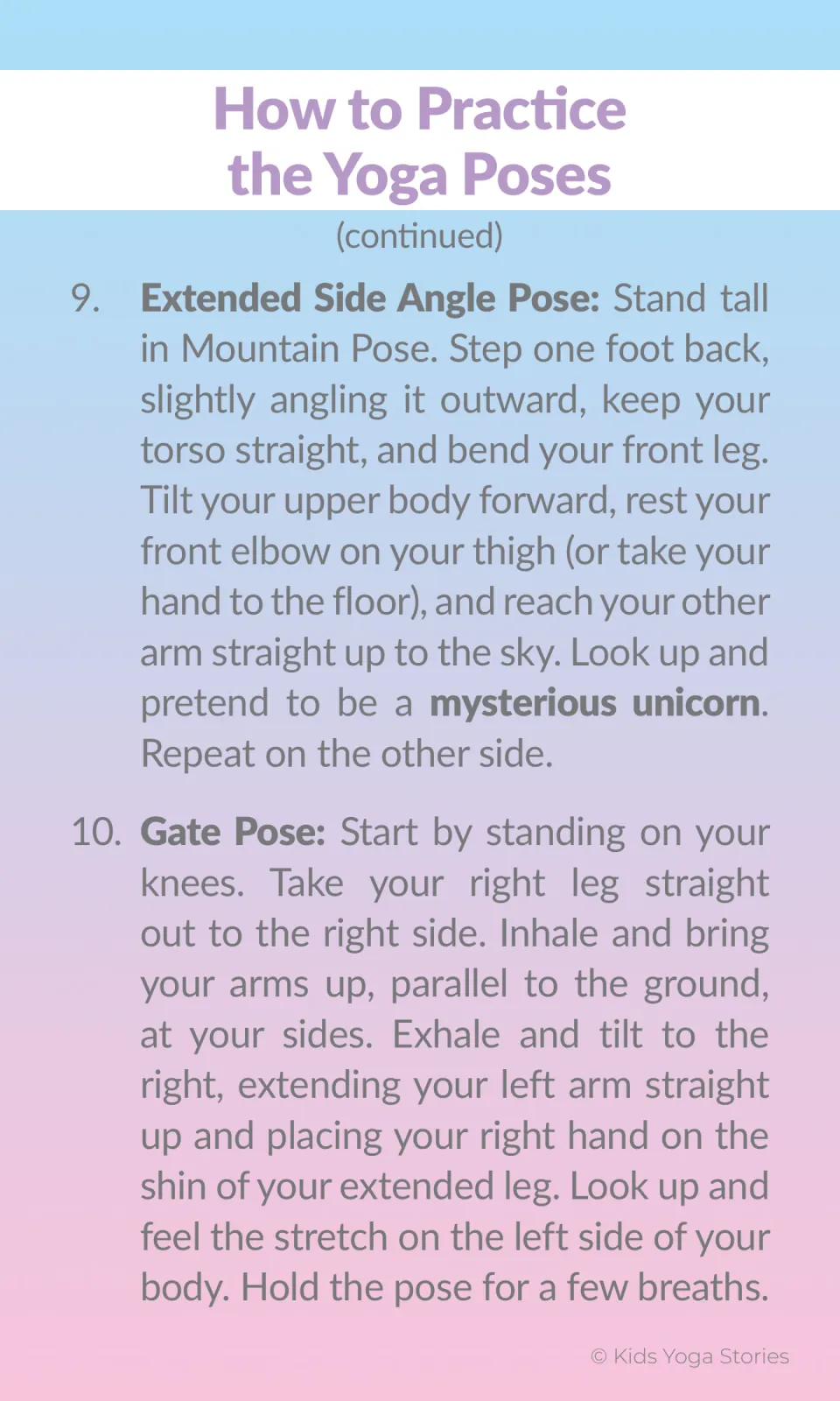 Yoga instruction 9 explains Extended Side Angle Pose as a mysterious unicorn; item 10 begins Gate Pose