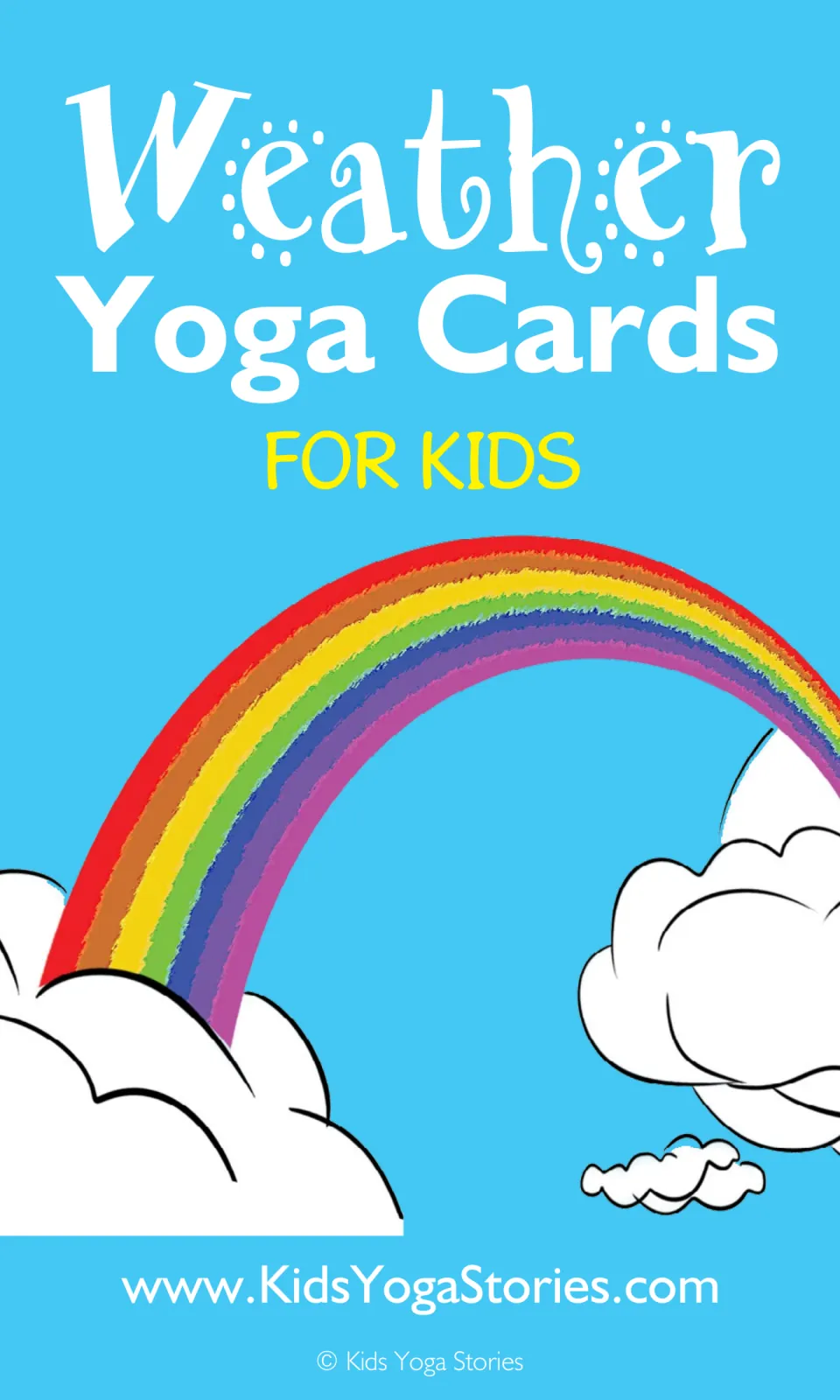 Weather Yoga Cards for Kids cover: a rainbow arching between white clouds on a sky-blue background