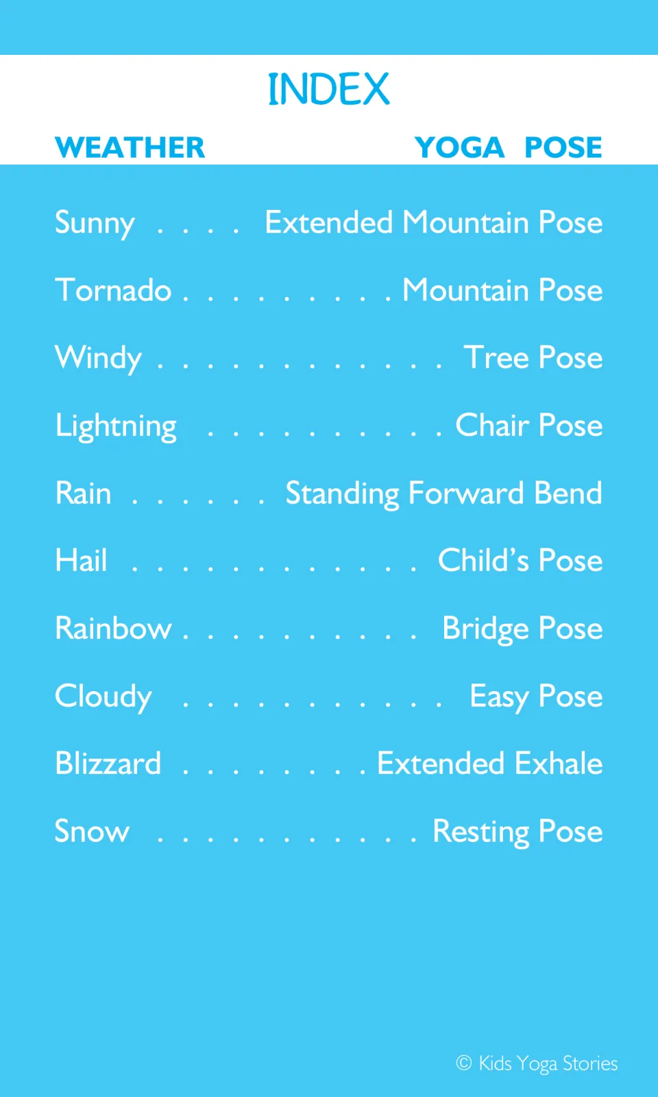 Index linking 10 weather types to a matching yoga move, such as rainbow for Bridge Pose and blizzard for a long exhale