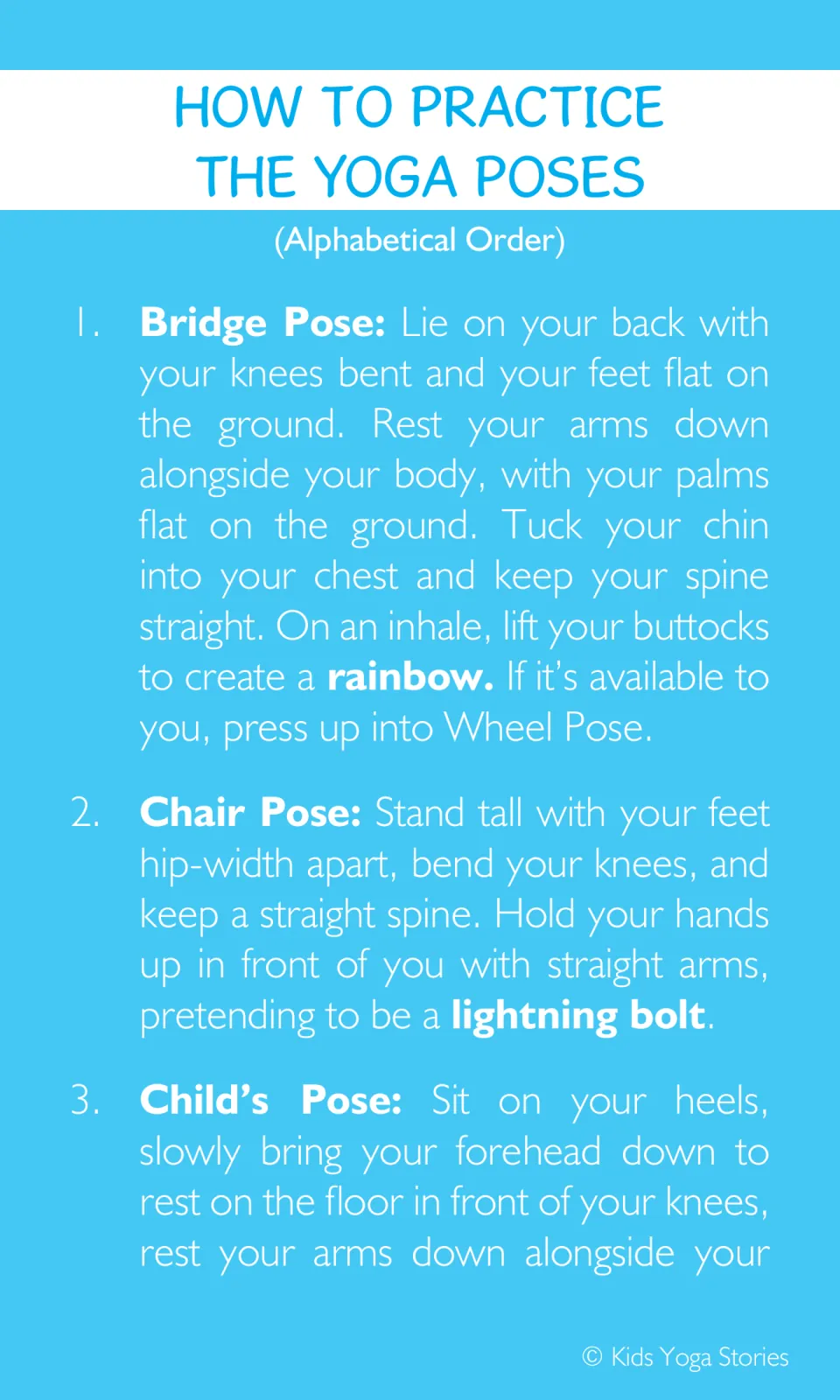 Alphabetical how-to steps: Bridge as a rainbow, Chair as a lightning bolt, and the start of Child's Pose