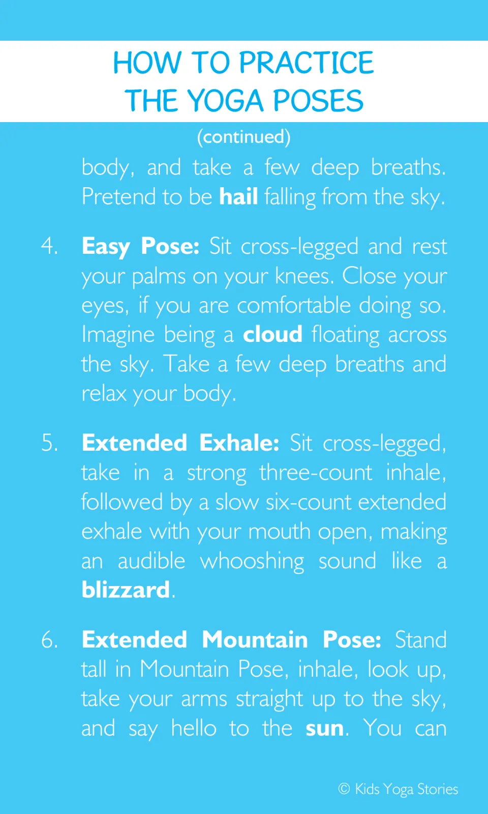 How-to steps continued: Child's Pose as falling hail, sitting cross-legged as a cloud, and a whooshing blizzard exhale