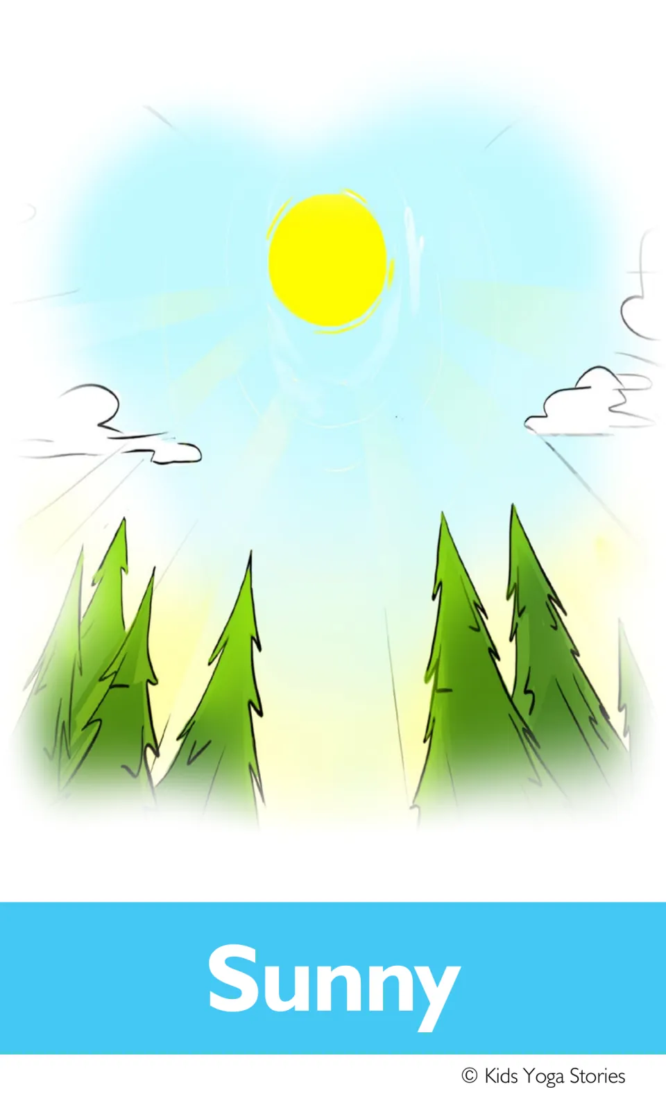 Sunny weather card: a bright yellow sun over pine trees and wispy clouds, the picture prompt paired with a pose card