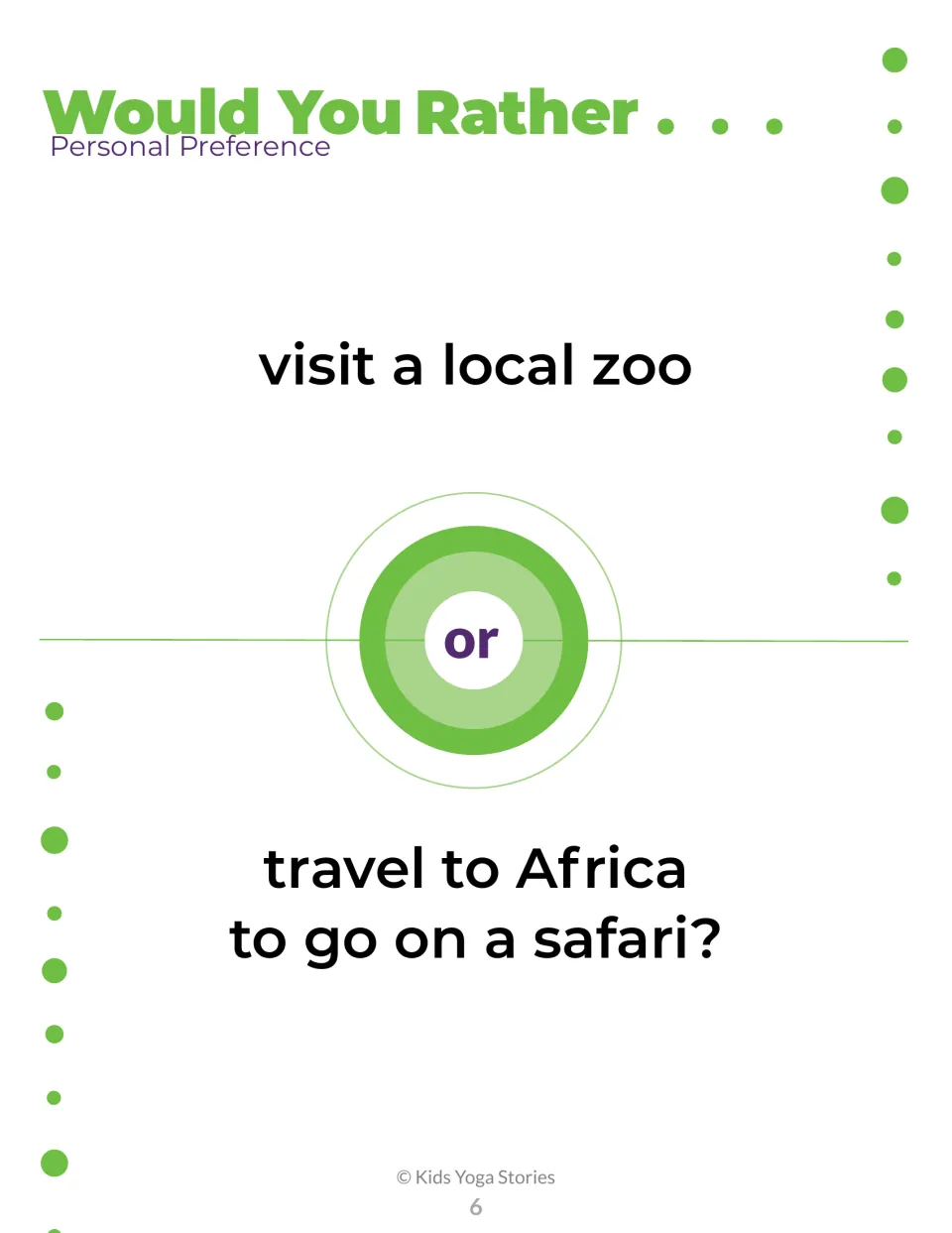 Travel choice card: students decide between visiting a local zoo or going to Africa on a safari and give reasons