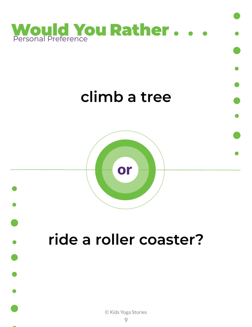 Active-play choice card: students pick between climbing a tree or riding a roller coaster and talk about the choice