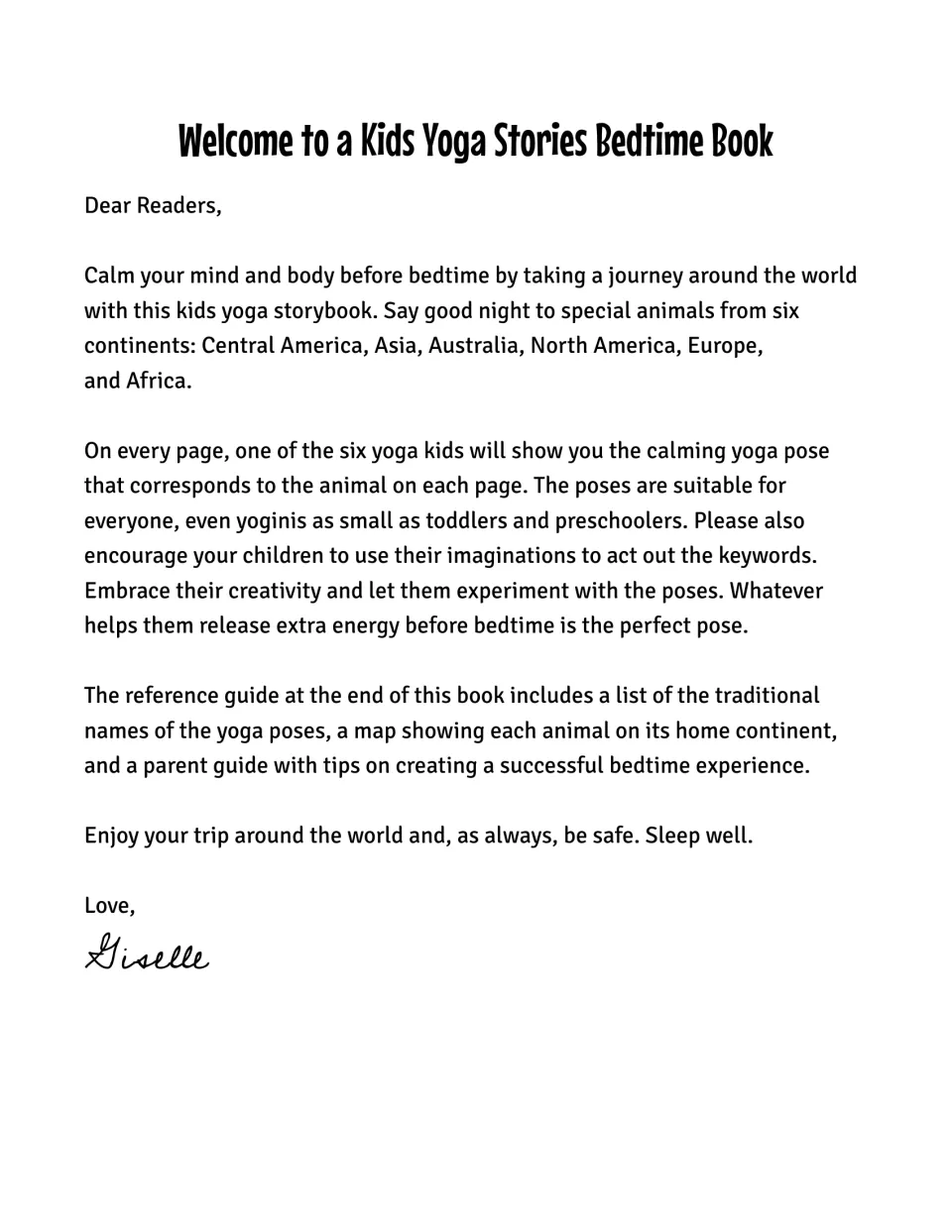 Welcome letter: say good night to animals from six continents while yoga kids model a calming pose for each animal
