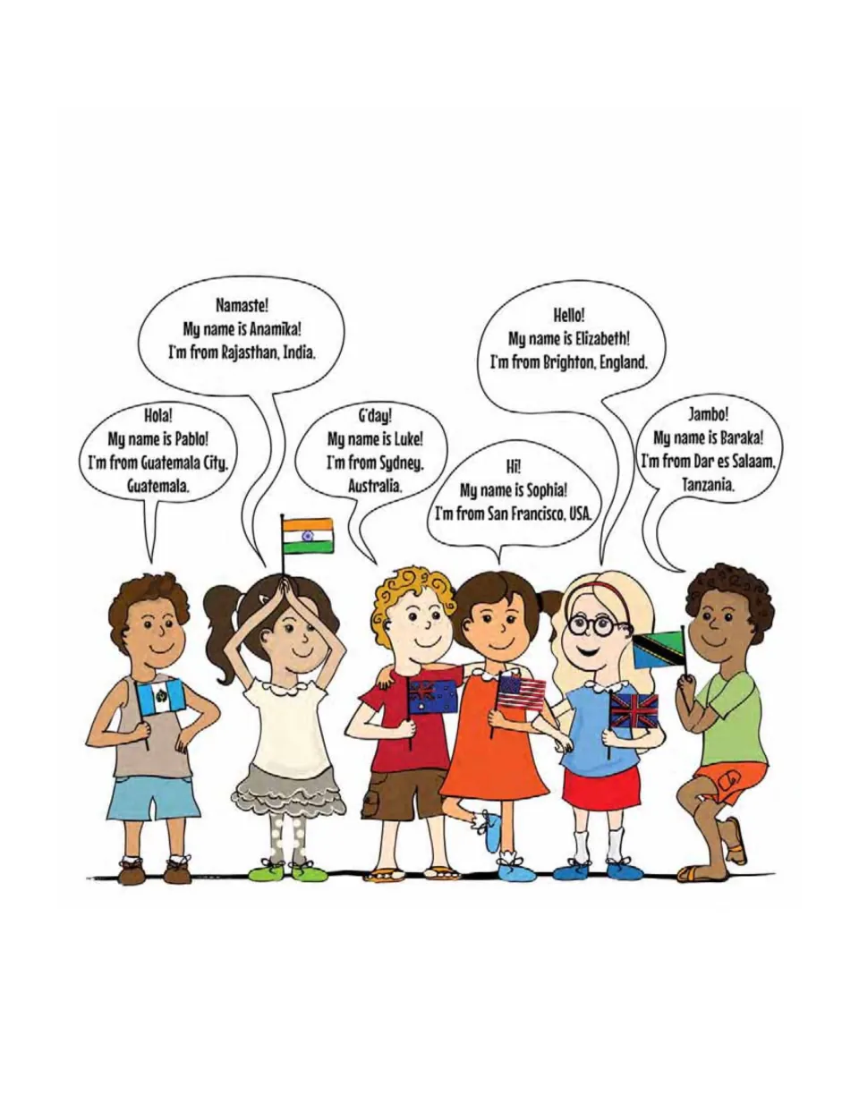 Six yoga kids introduce themselves in speech bubbles: Pablo, Anamika, Luke, Sophia, Elizabeth and Baraka, each with a flag