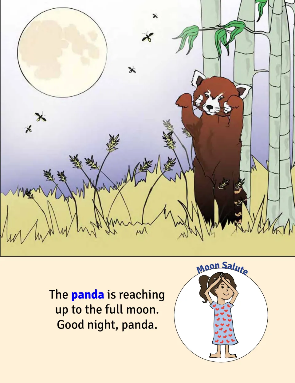 Moon Salute: a red panda reaches up to the full moon, and a girl shows the pose with hands together over her head