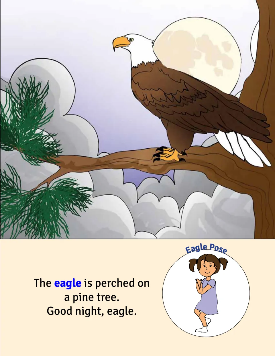 Eagle Pose: a bald eagle is perched on a pine tree by the moon, and a girl balances on one leg with arms wrapped
