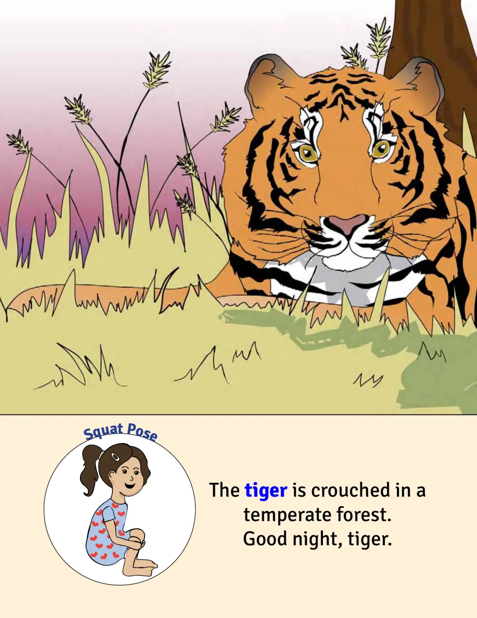 Squat Pose: a tiger is crouched in a temperate forest, and a girl sits low hugging her knees to show the pose