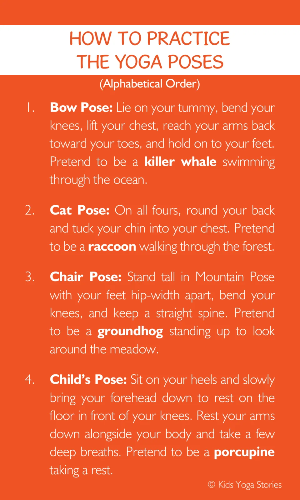 Pose instructions 1 to 4: Bow Pose as a killer whale, Cat Pose as a raccoon, Chair Pose as a groundhog and Child's Pose