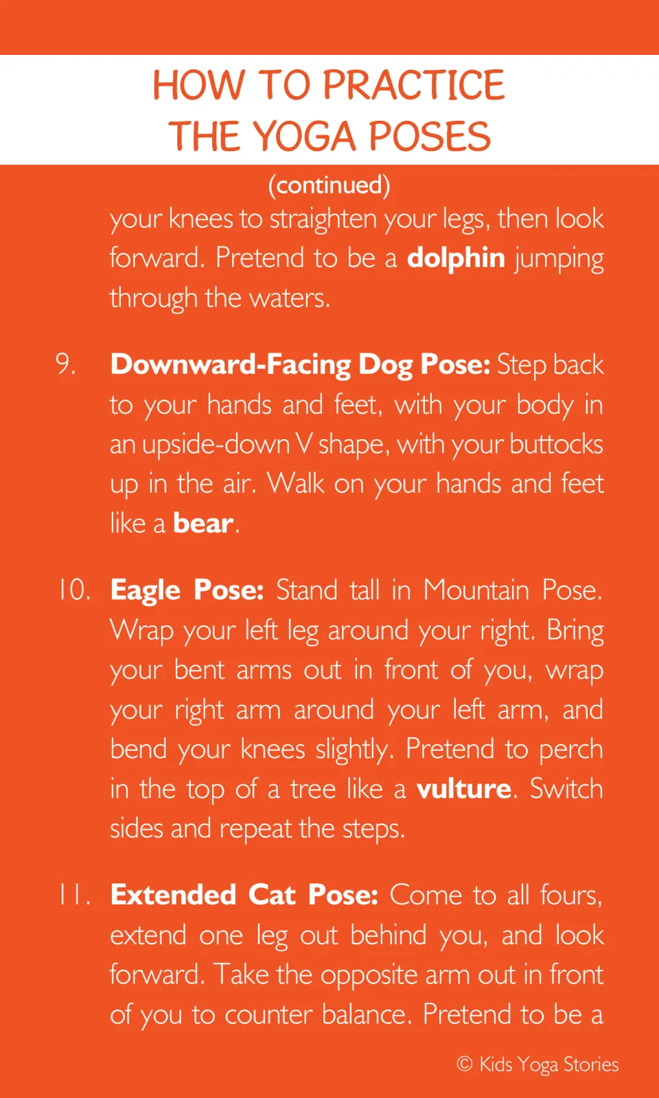 Pose steps 9 to 11: Downward-Facing Dog walking like a bear, Eagle Pose perching like a vulture, and Extended Cat Pose