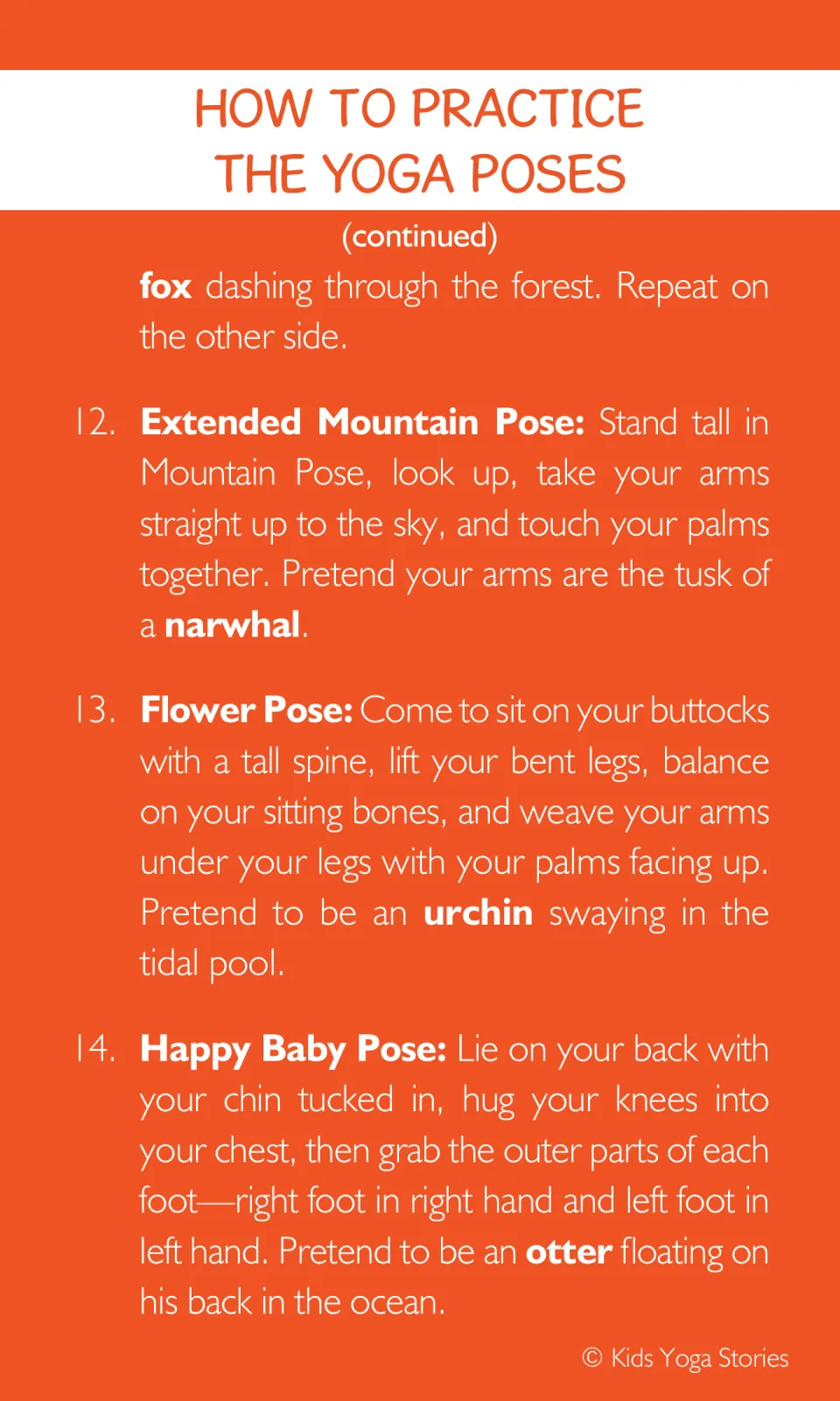Pose steps 12 to 14: Extended Mountain Pose as a narwhal tusk, Flower Pose as a swaying urchin, Happy Baby as an otter