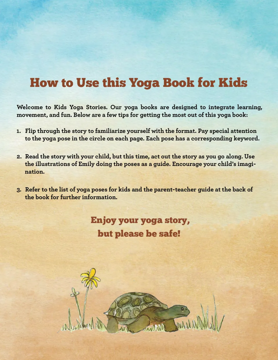 How to use this yoga book: three tips to preview the pose circles, act out the story with Emily, and use the guide