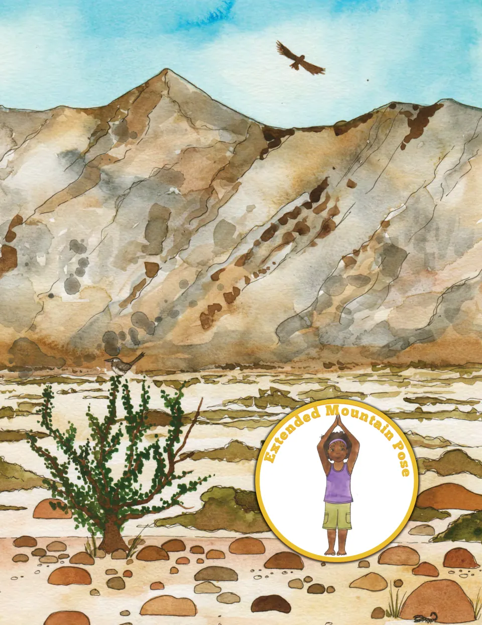 Extended Mountain Pose: Emily stands tall with arms stretched overhead, set against a desert mountain landscape