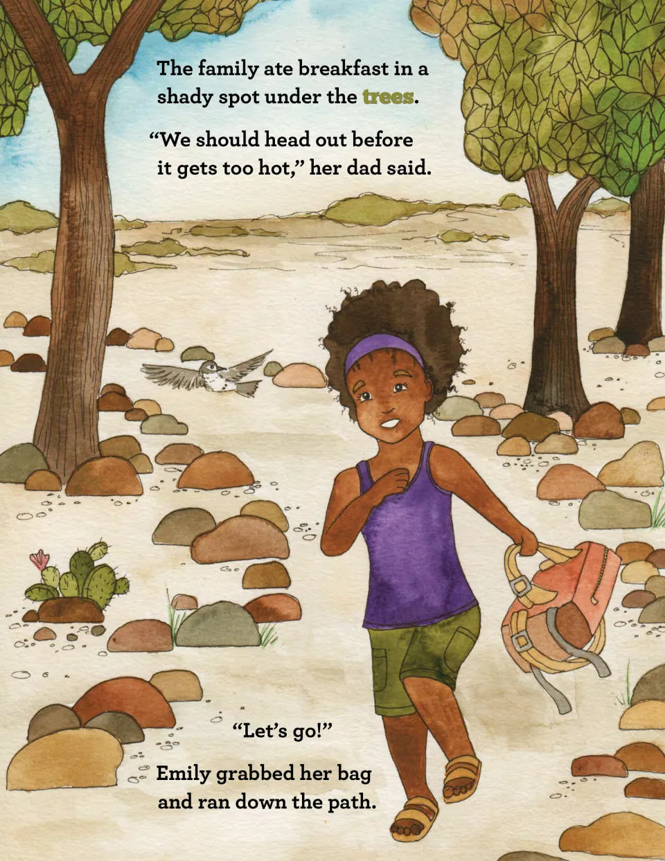 Story page: the family eats breakfast under shady trees, then Emily grabs her bag and runs down the desert path