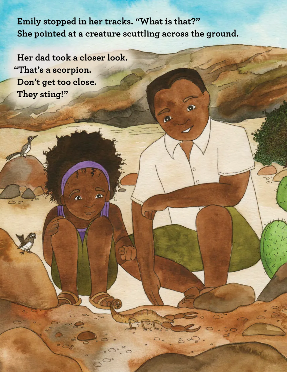 Story page: Emily spots a creature scuttling across the ground and Dad warns her it is a scorpion that can sting