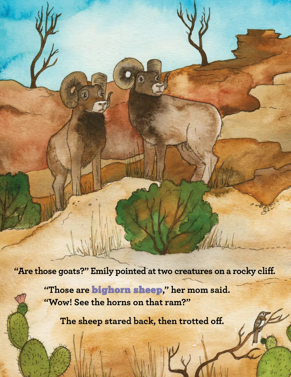 Story page: Emily asks if animals on a rocky cliff are goats; Mom says they are bighorn sheep and points out a ram