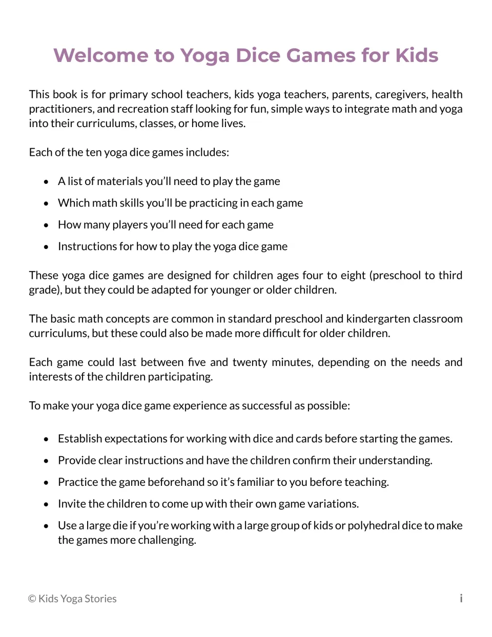 Welcome page: what each of the ten games lists, ages four to eight, five to twenty minutes per game, and setup tips
