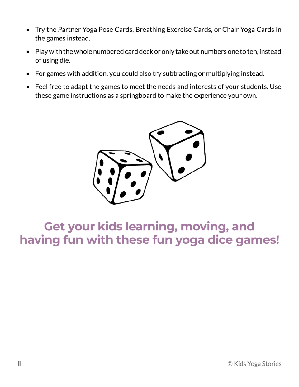 Adaptation tips: swap in partner, breathing or chair yoga cards, use numbered playing cards, or subtract and multiply