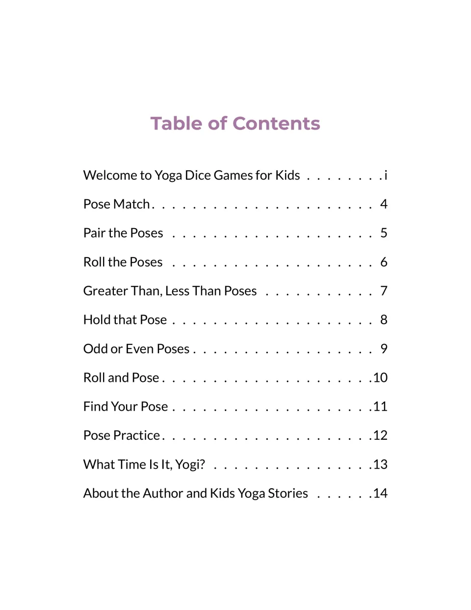 Table of contents listing ten yoga dice games, from Pose Match and Odd or Even Poses to What Time Is It, Yogi?