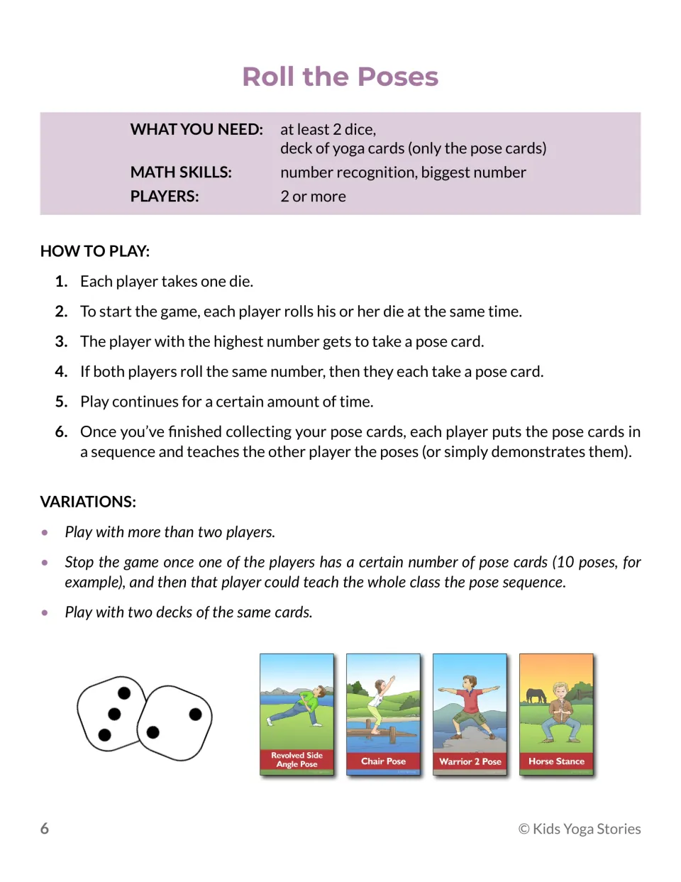 Roll the Poses game: two players roll dice and the highest number wins a pose card, practising number recognition