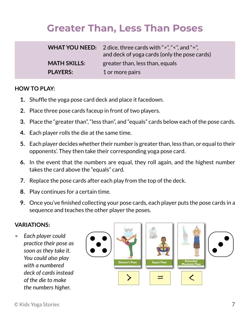 Greater Than, Less Than Poses: players compare dice rolls and take the pose card above the matching >, < or = card