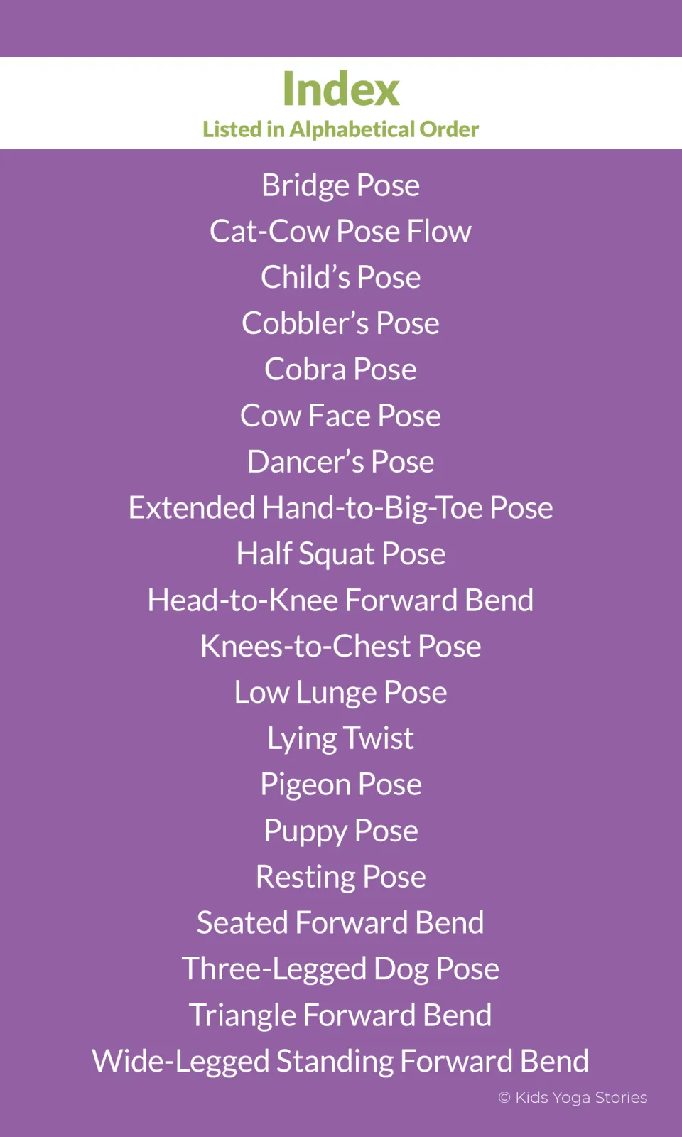 Alphabetical index of 20 yoga poses, including Bridge Pose, Cat-Cow Pose Flow, Child’s Pose, and Cobra Pose